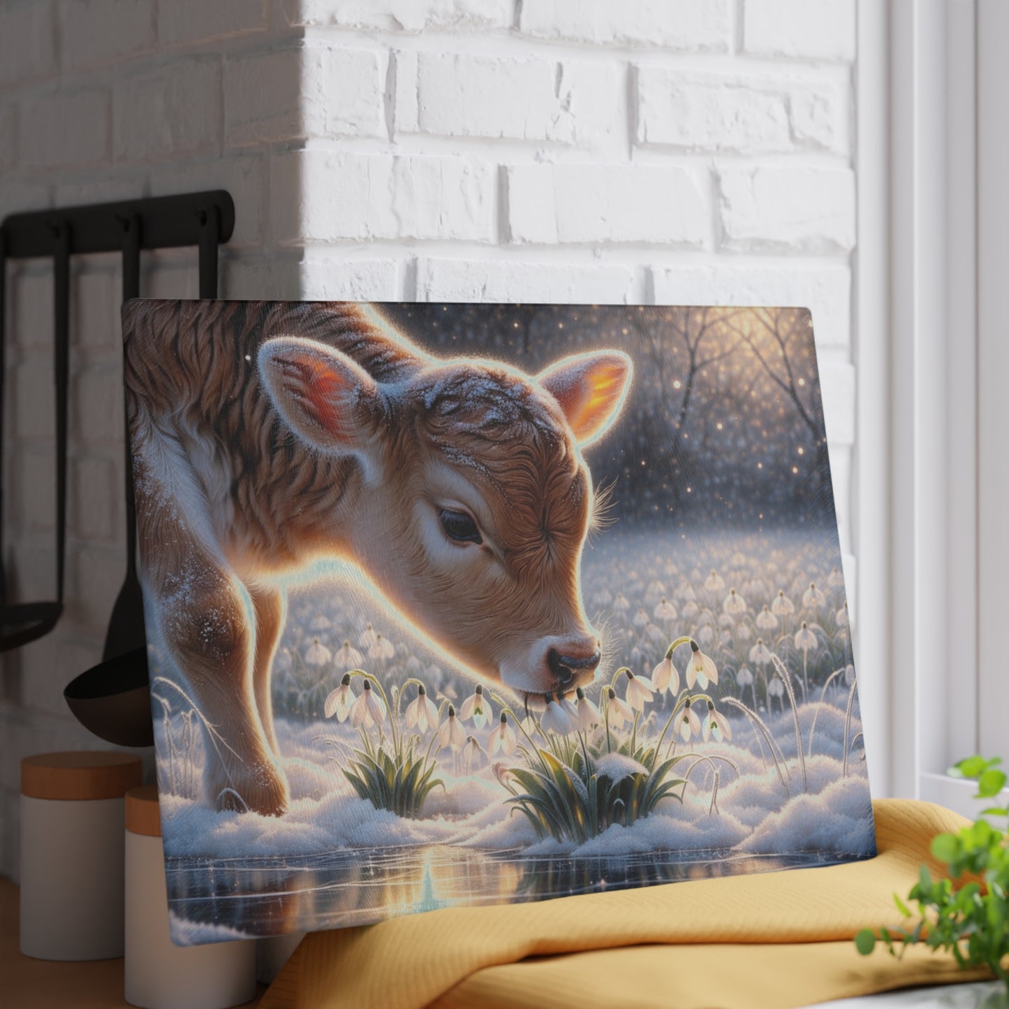 Frosted Meadow Calf Glass Cutting Board – Whimsical Winter Farm Art