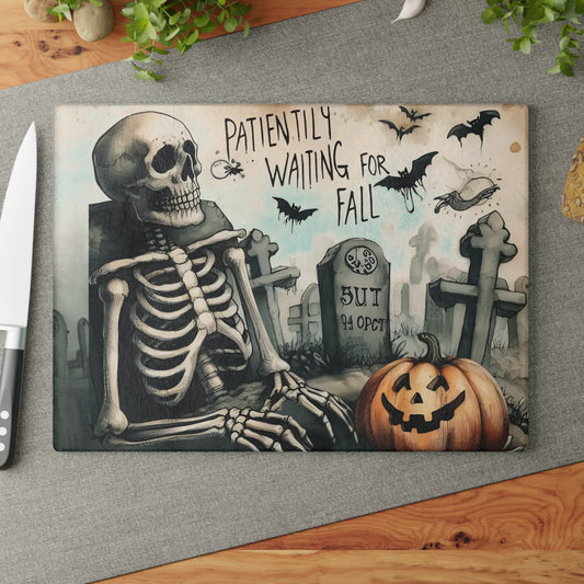 💀 Patiently Waiting for Fall Cutting Board – Graveyard Humor Meets Kitchen Fun 🎃