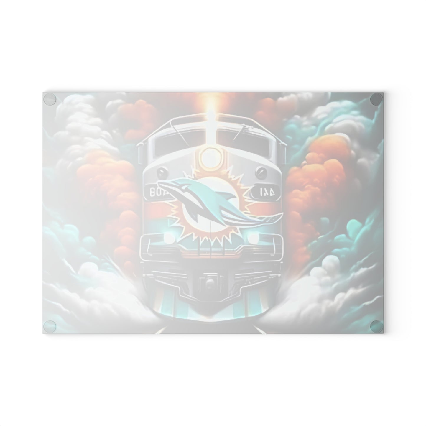 Teal & Orange Express Glass Cutting Board – Tropical Train Design for Vibrant Kitchens