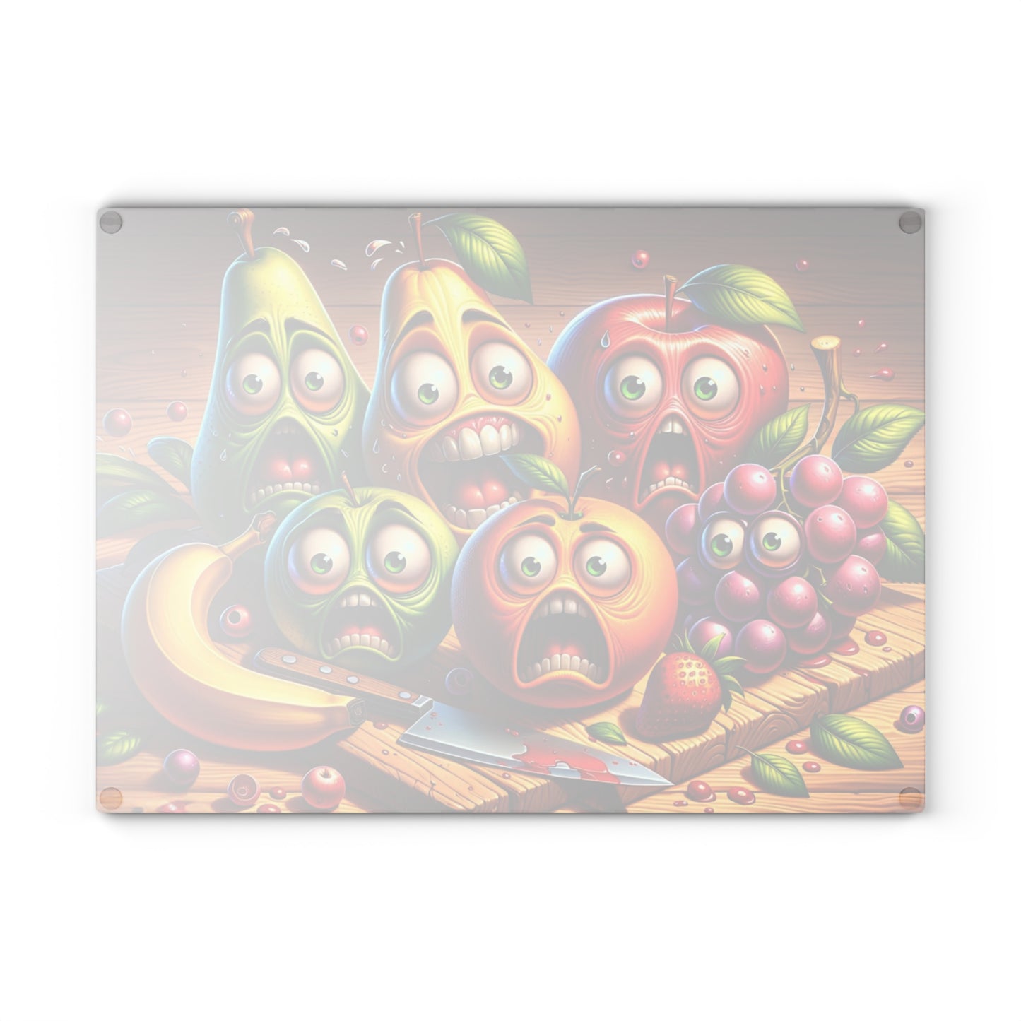 🍎🍐🍌😂 “Fruit Squad Panic” Glass Cutting Board – Silly Kitchen Laughs