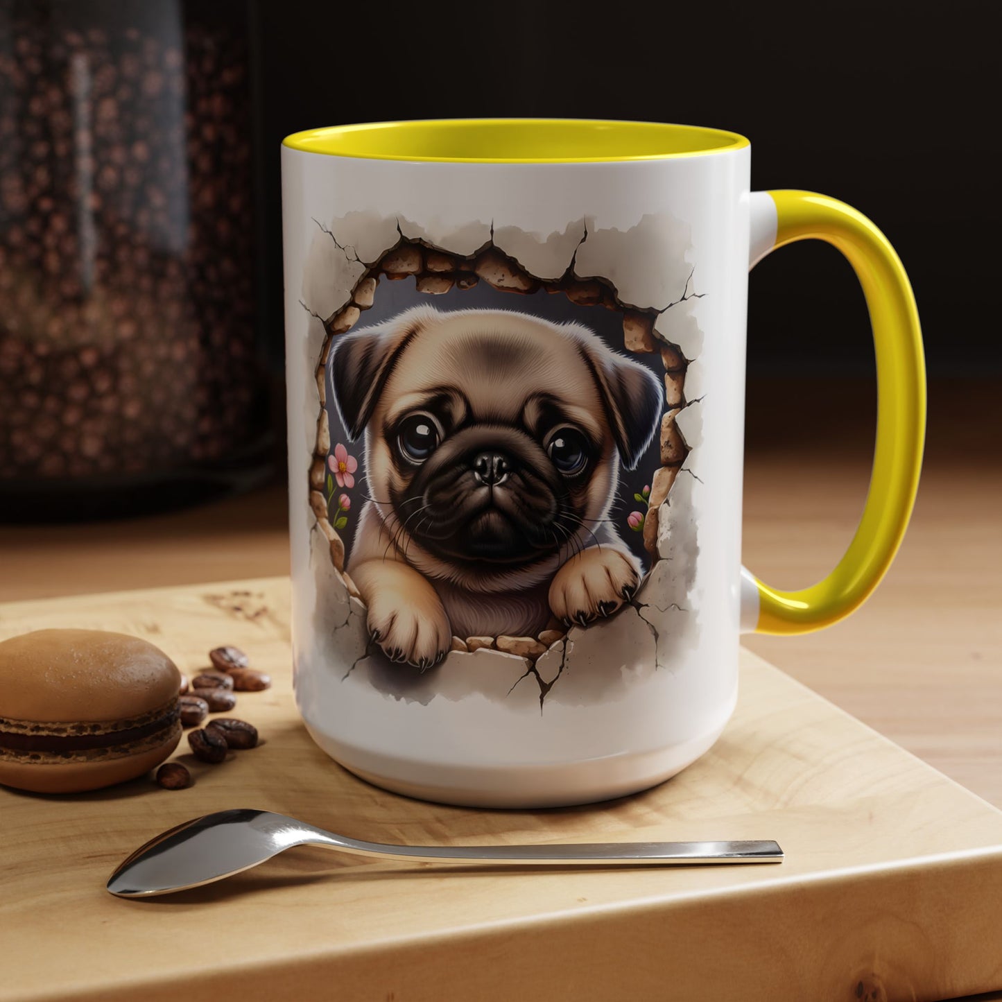 🐾💛 Pug Puppy Accent Mug – Cute Wrinkly Pug Coffee Cup ☕✨