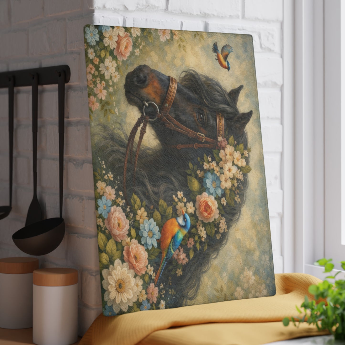 Floral Horse Glass Cutting Board – Elegant Country Farmhouse Kitchen Decor with Birds and Garden Flowers