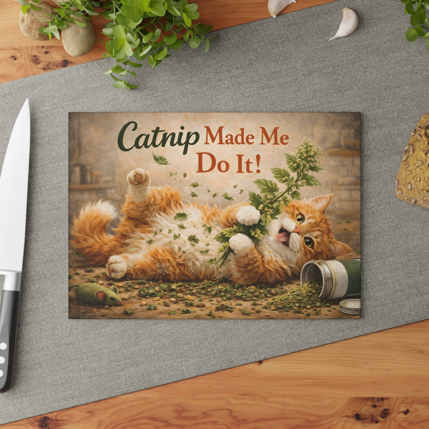 Catnip Made Me Do It Glass Cutting Board – Funny Cat Kitchen Art
