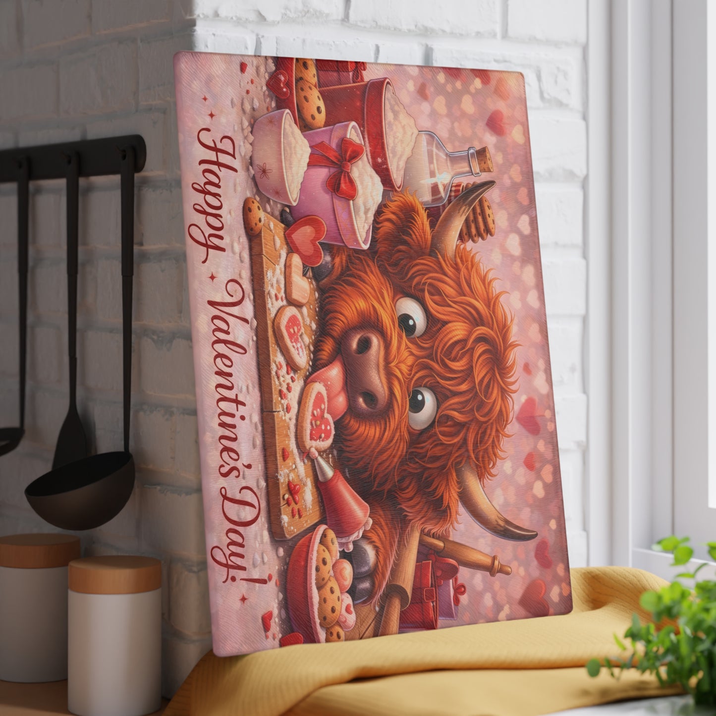 Valentine Highland Cow Baking Glass Cutting Board – Sweet Farmhouse Love Kitchen Decor