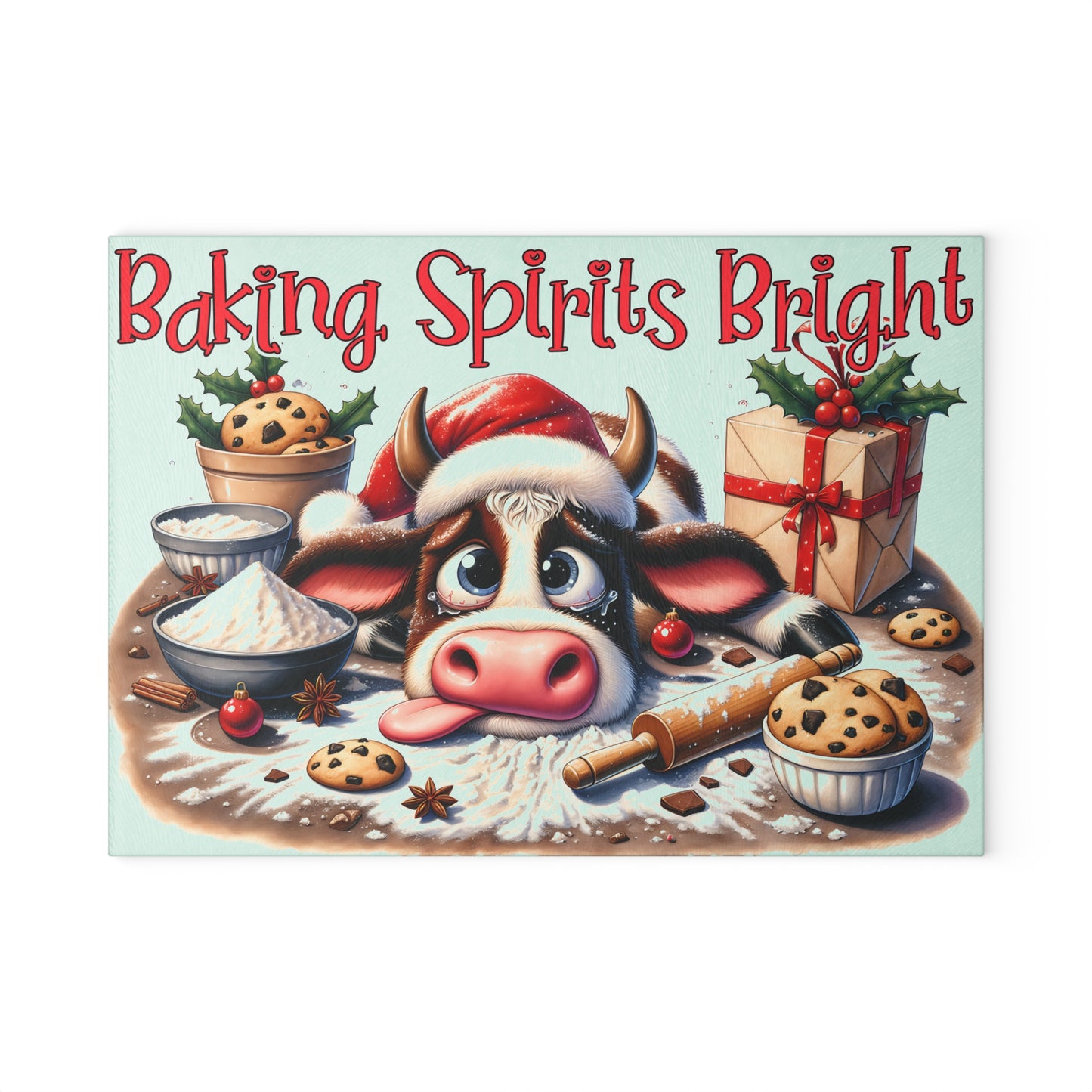 🐄✨ Baking Spirits Bright Cow Cutting Board – Festive Farmhouse Kitchen Charm
