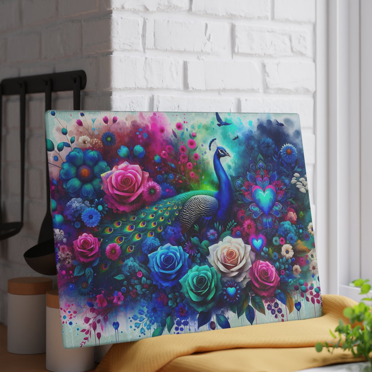 🦚🌹 Peacock Rainbow Floral Cutting Board – Vibrant Elegance Meets Artistic Charm 💙🌸
