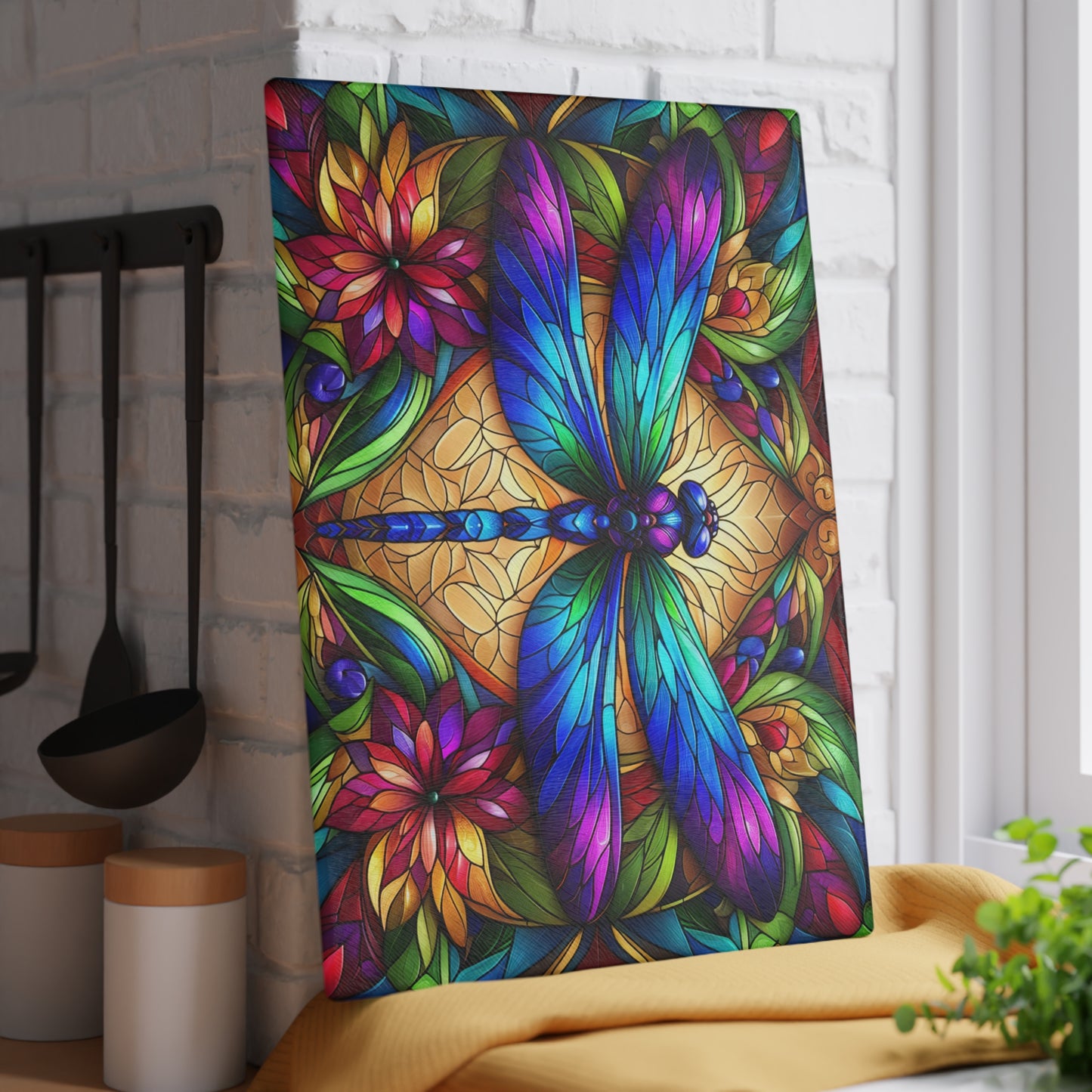 Stained Glass Dragonfly Glass Cutting Board – Colorful Botanical Art Kitchen Display