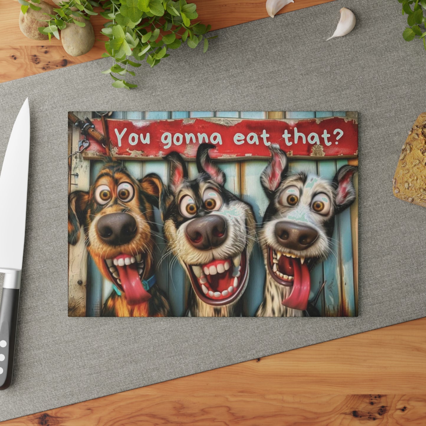 🐶🤣 “Hungry Pup Trio” Glass Cutting Board – Whimsical Fun for Your Kitchen