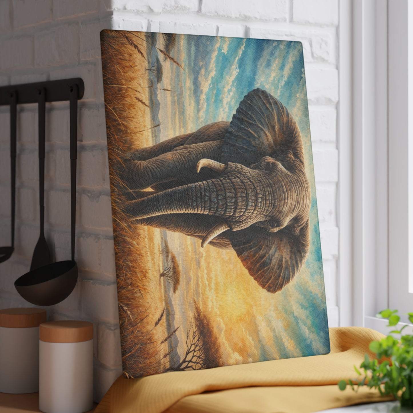 Savanna Guardian Elephant Glass Cutting Board – Dramatic Wildlife Sunset Kitchen Art