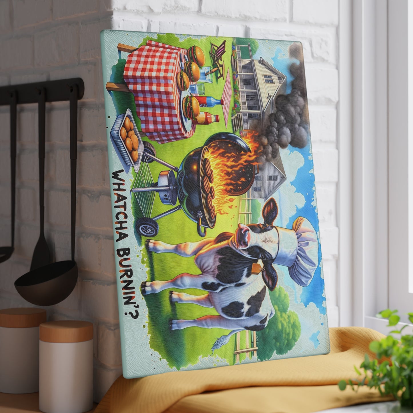 🐮🔥 “Whatcha Burnin’?” Glass Cutting Board – Cozy Charm for Your Kitchen