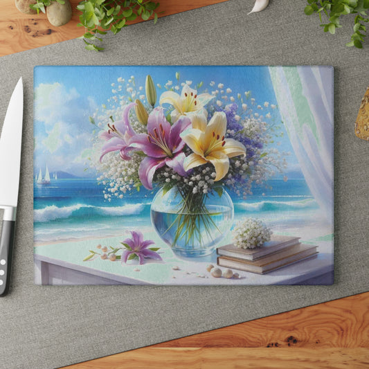 Tabla de cortar Ocean Breeze Lily: elegante decoración de cocina con escena playera floral