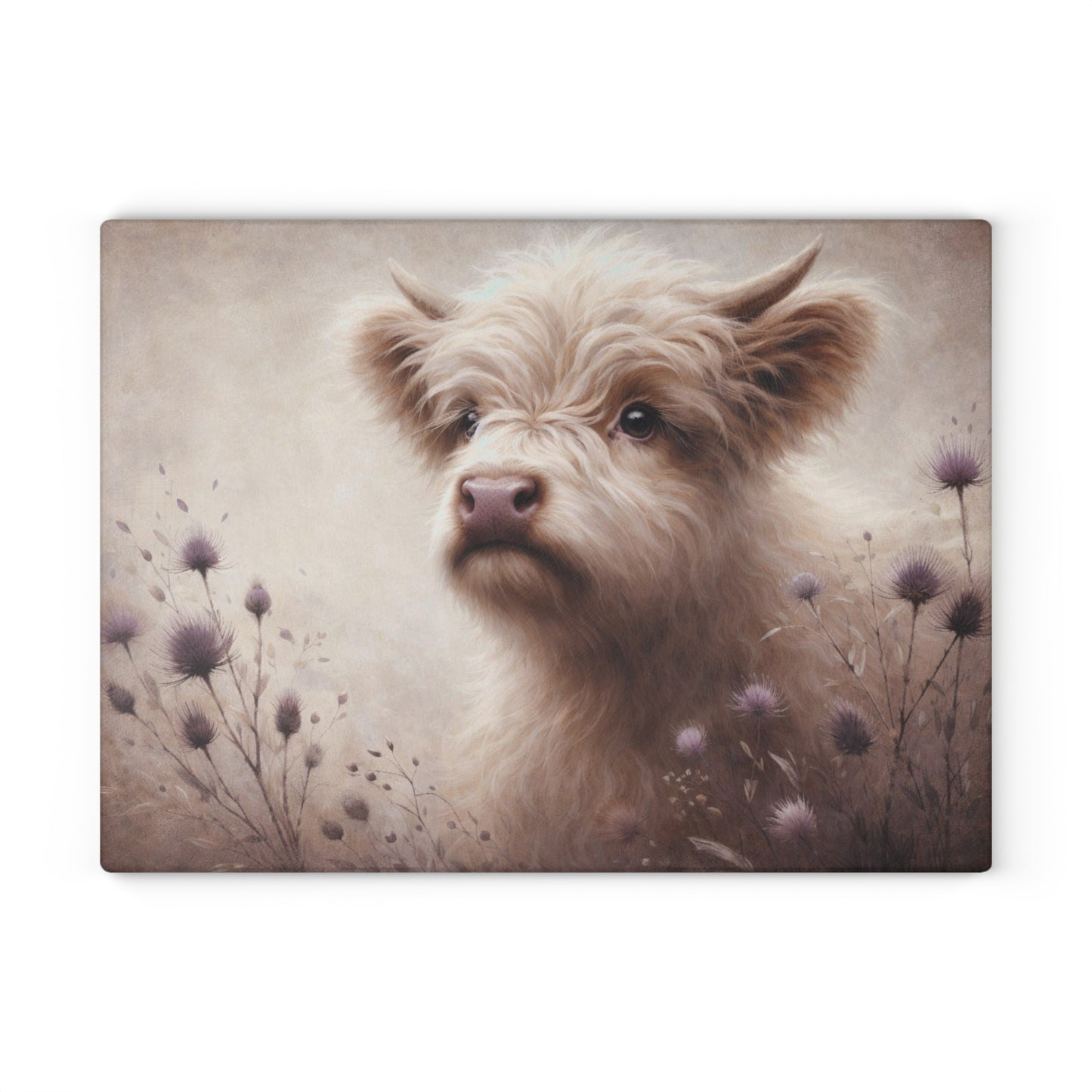 Gentle Highland Calf Glass Cutting Board – Soft Farmhouse Kitchen Art with Floral Accents