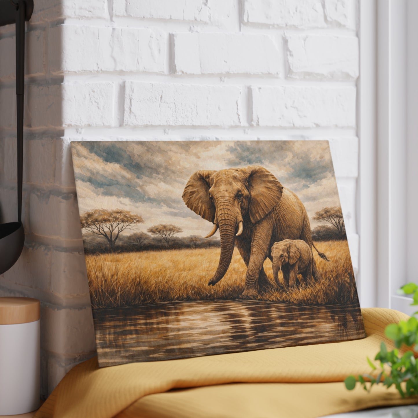 Safari Elephant and Calf Glass Cutting Board – African Wildlife Savanna Artwork