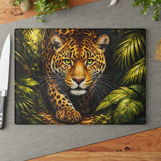 Leopard Jungle Glass Cutting Board – Majestic Wildlife Nature Artwork