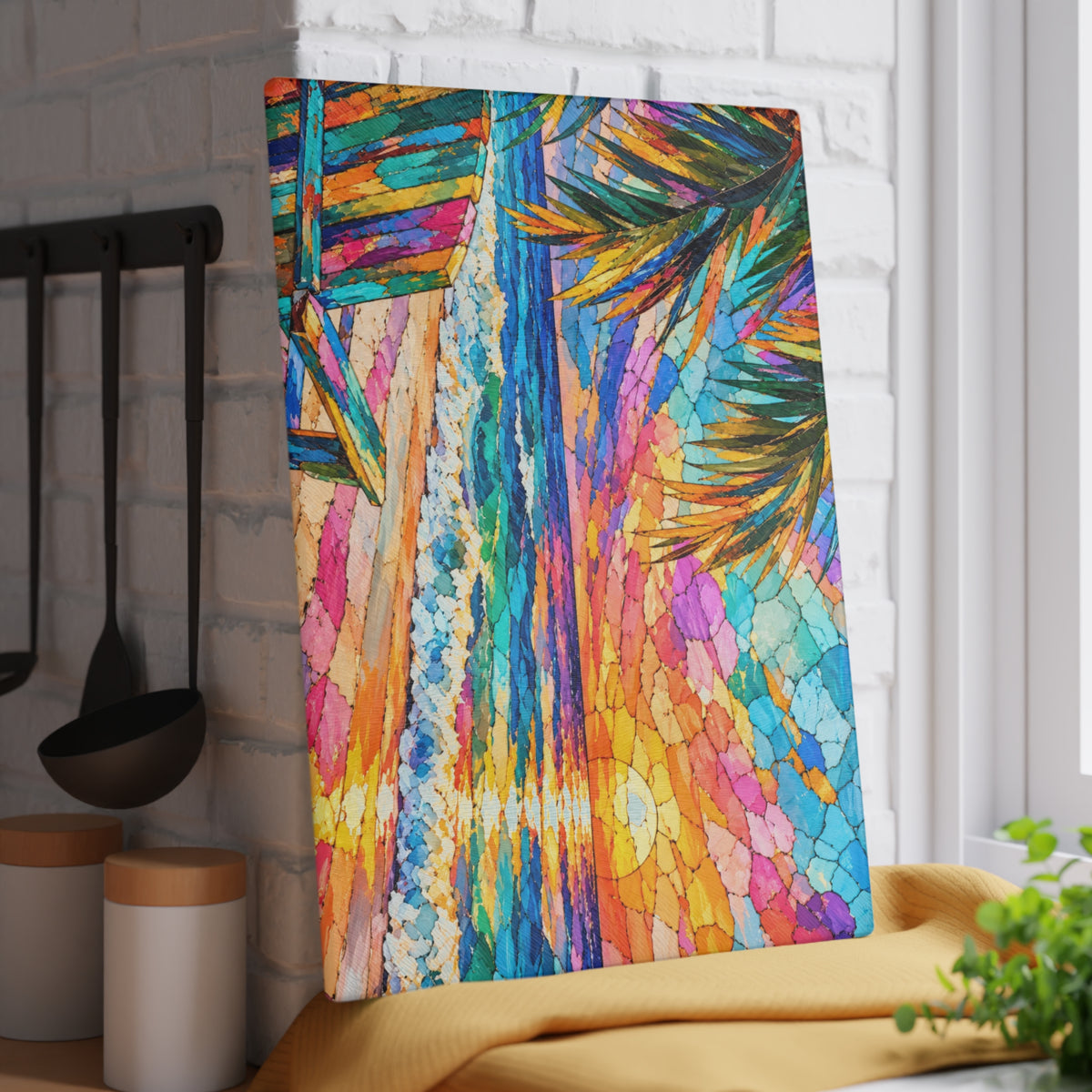 Colorful Tropical Sunset Stained-Glass-Look Glass Cutting Board – Beach Ocean Kitchen Decor