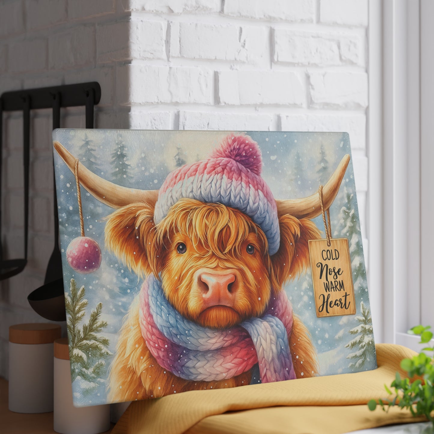 🐮❄️ “Cold Nose, Warm Heart” Tempered Glass Board – Cozy Highland Winter Vibes