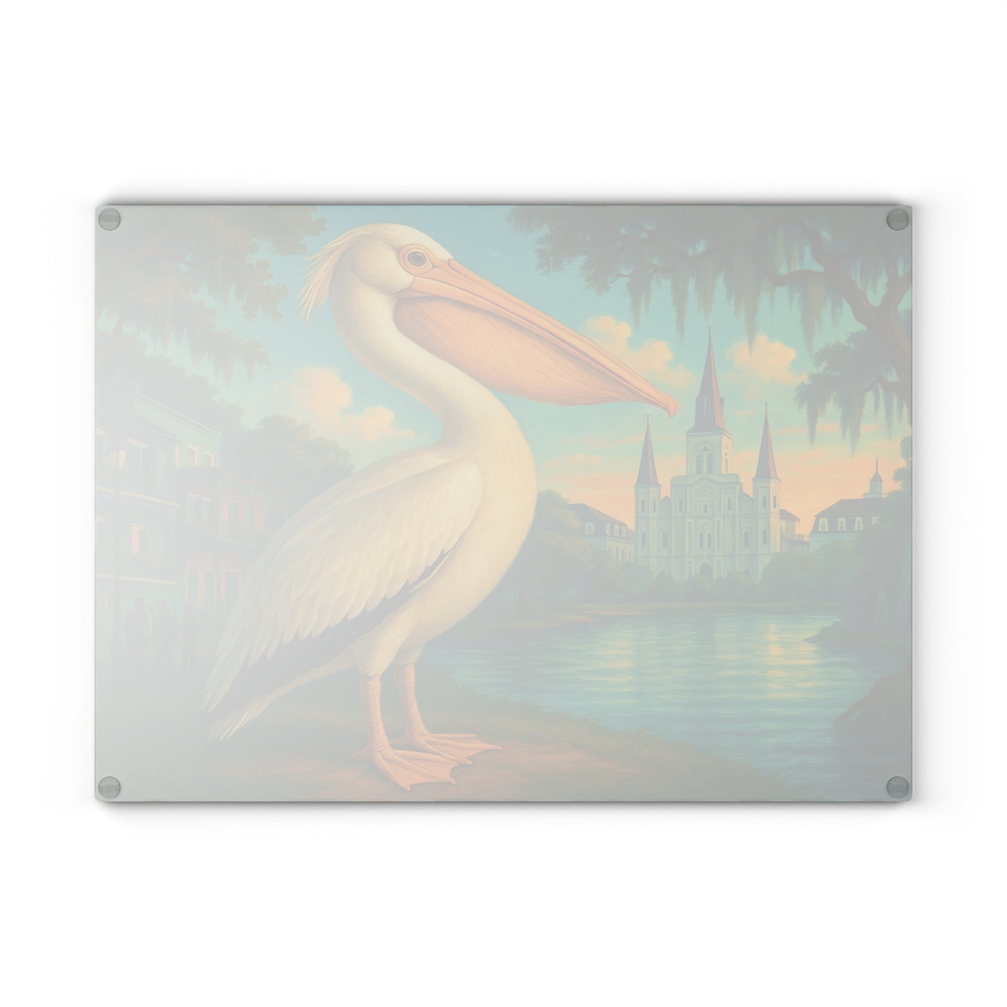 🪶 Pelican at the River – New Orleans Skyline Tempered Glass Cutting Board