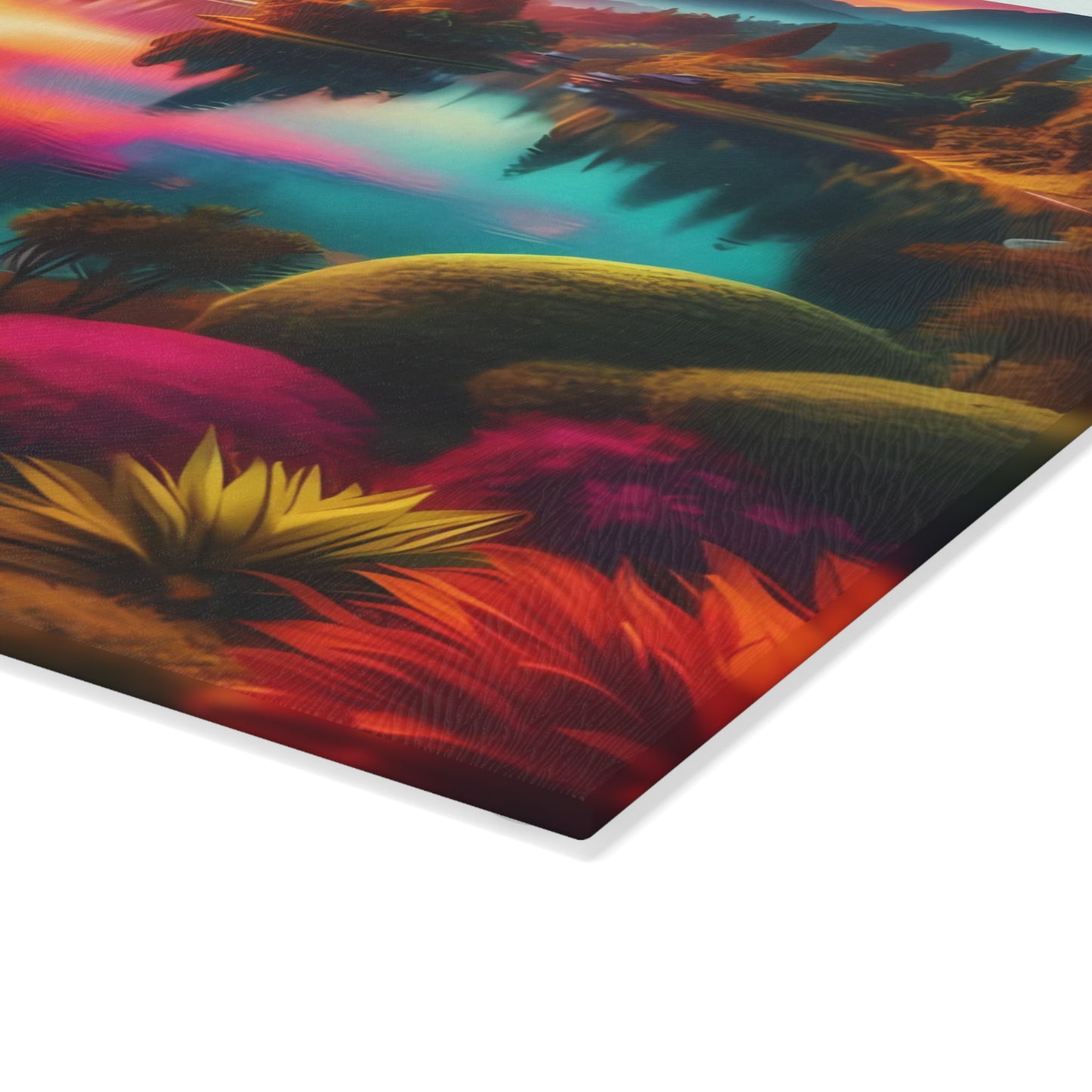 Tabla de cortar de vidrio Sunset Garden Serenity: vista al lago de ensueño para cocinas artísticas