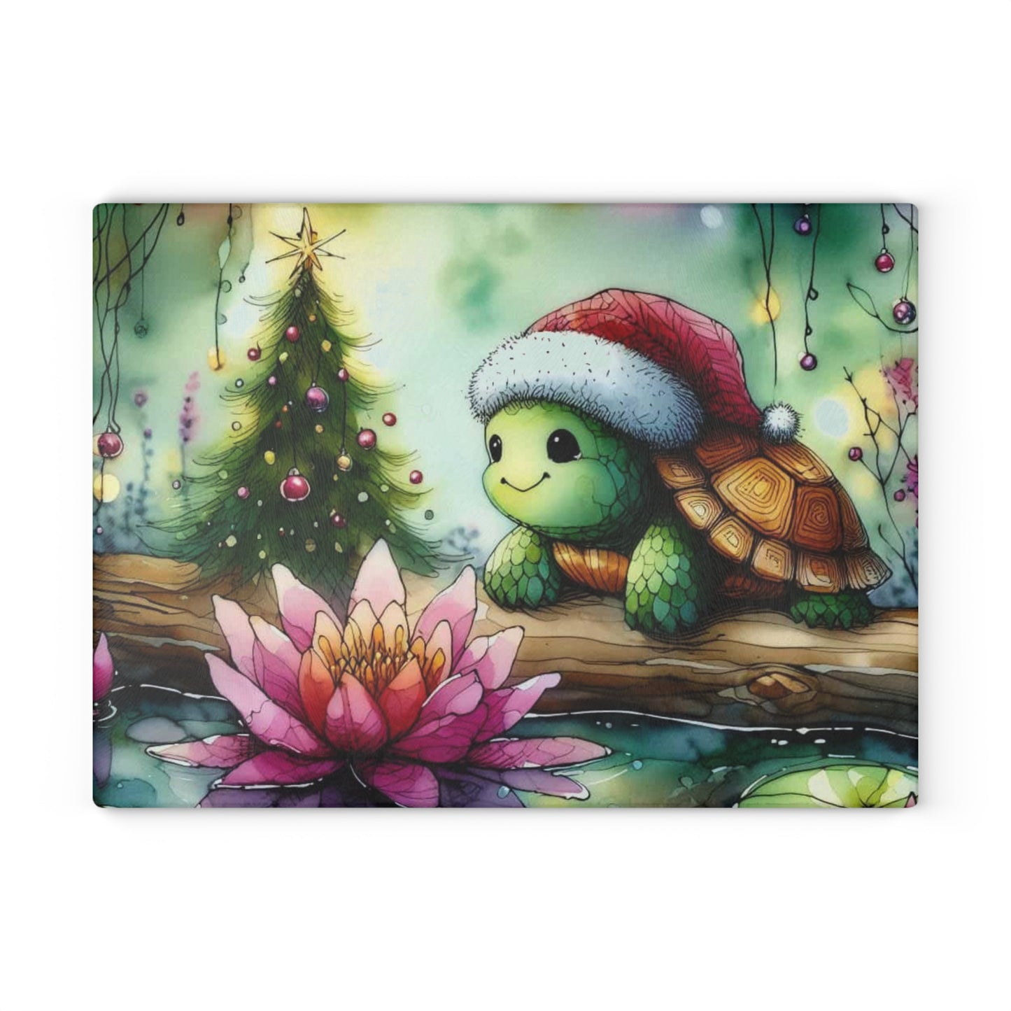 🐢🎄 Merry Little Turtle – Christmas Lotus Tempered Glass Cutting Board