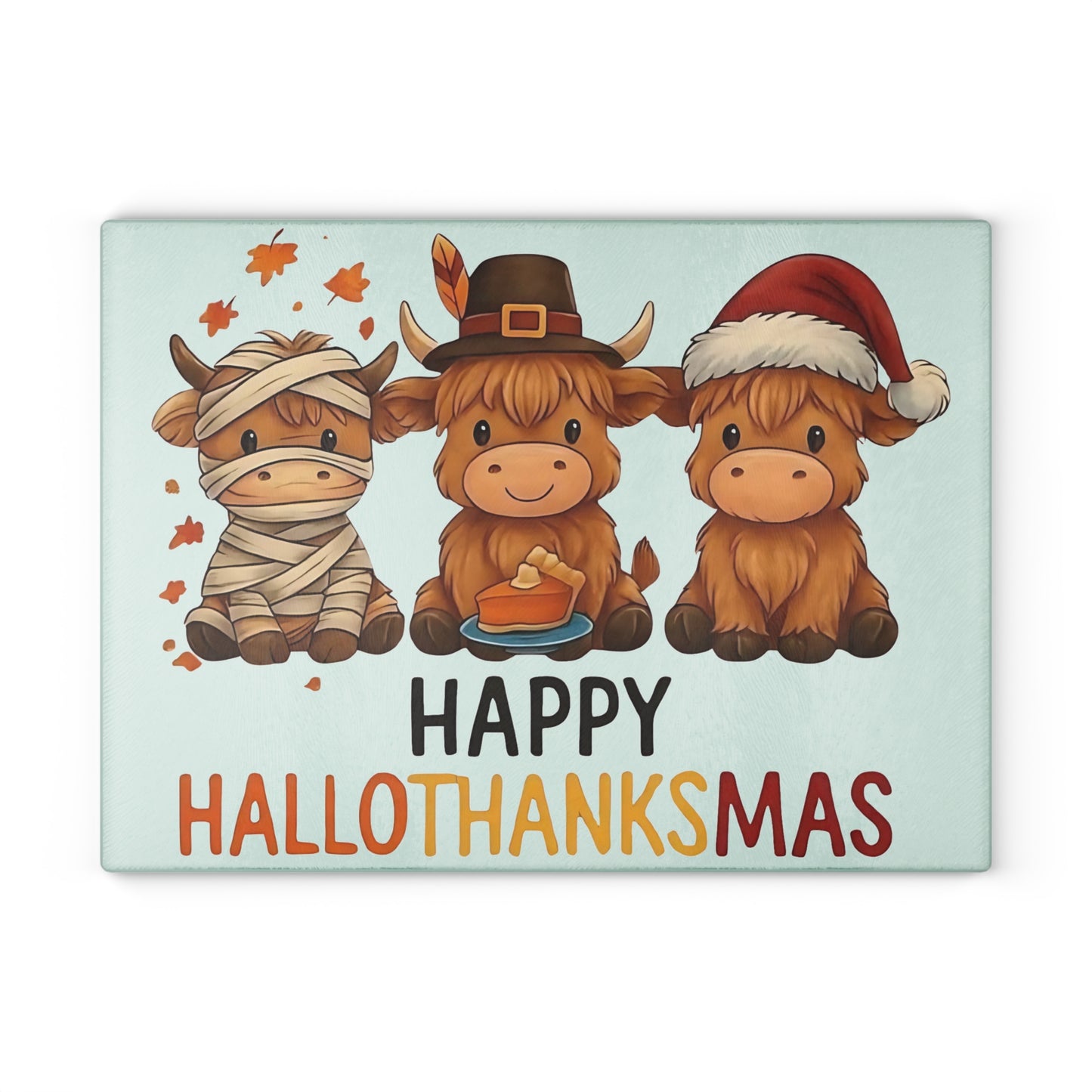 🎃🦃🎄 Happy Hallothanksmas Highland Cow Cutting Board – Festive Multi-Holiday Kitchen Décor 🍁🥧✨