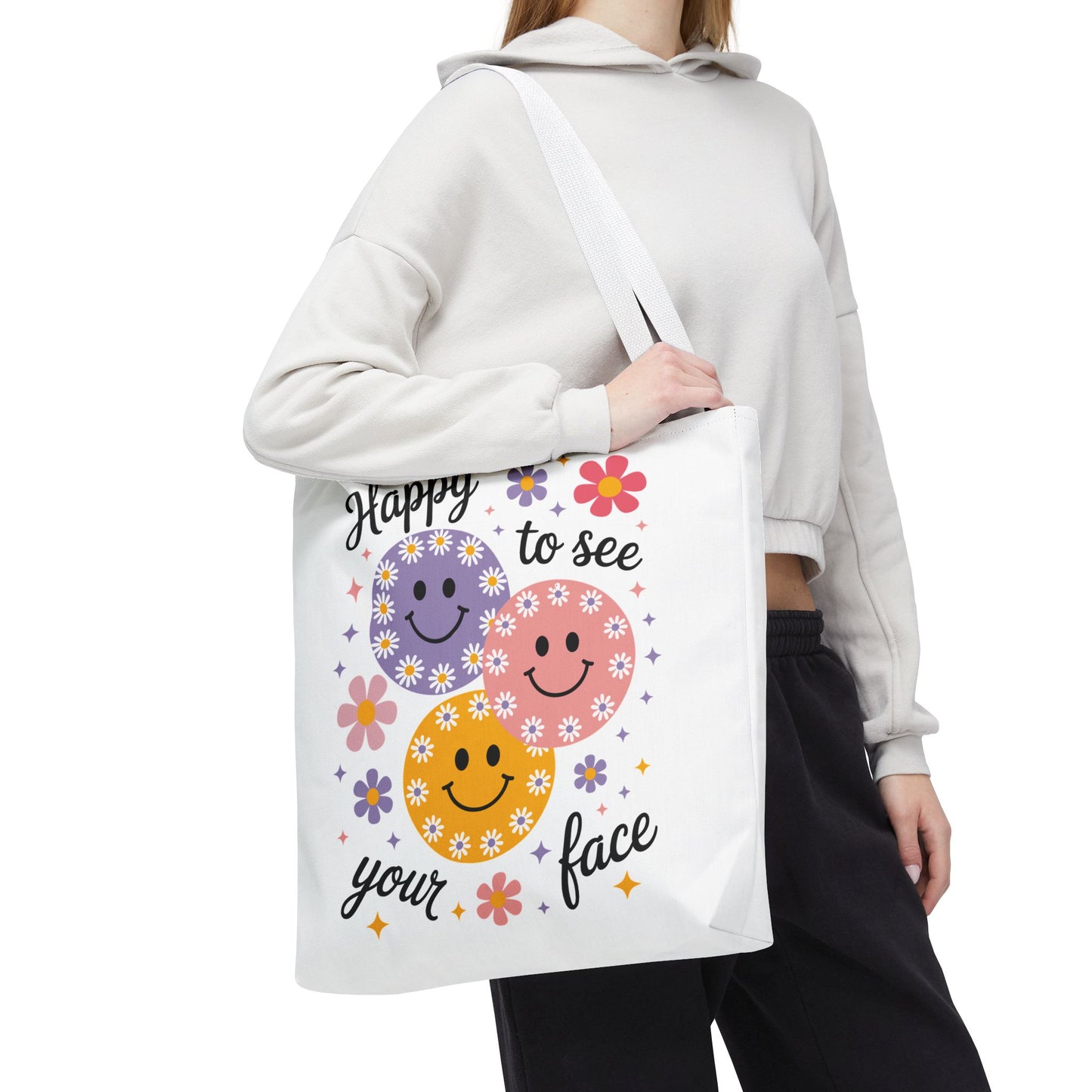 🌼 Happy Face Daisy Tote Bag – Retro Smiles with Floral Charm 🌸