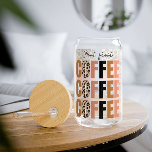 ☕🐆 But First, Coffee Sipper Glass – Bold Brews & Wild Mornings 🧡