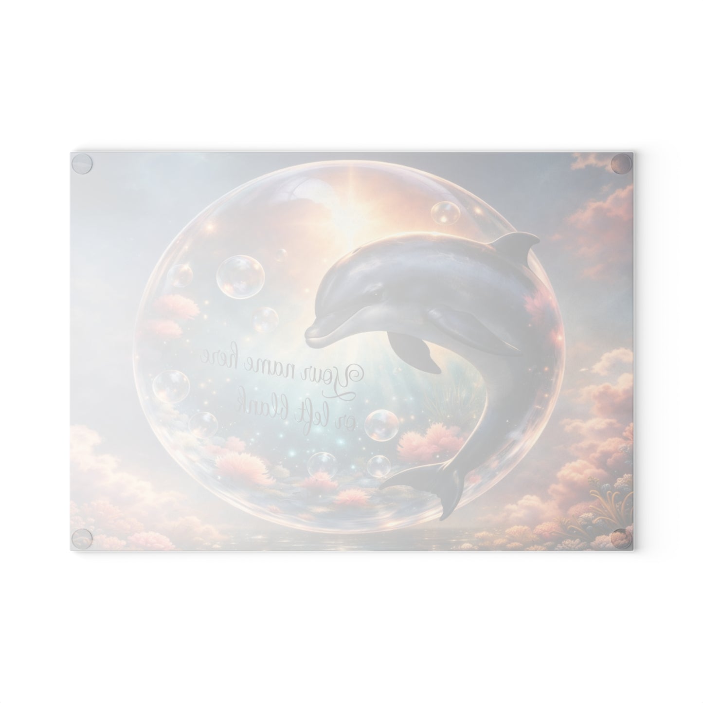 Dolphin Ocean Dream Glass Cutting Board – Personalized Coastal Kitchen Decor with Bubbles and Coral Reef Design