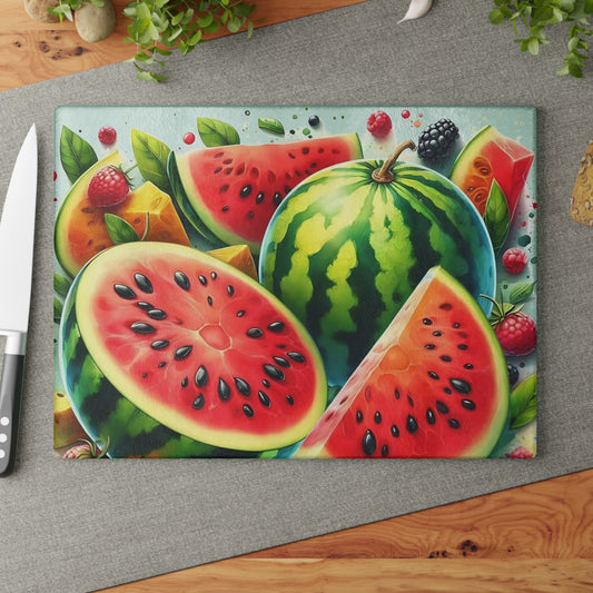 Tabla de cortar de vidrio con sandía jugosa: un dulce ambiente de cocina de verano