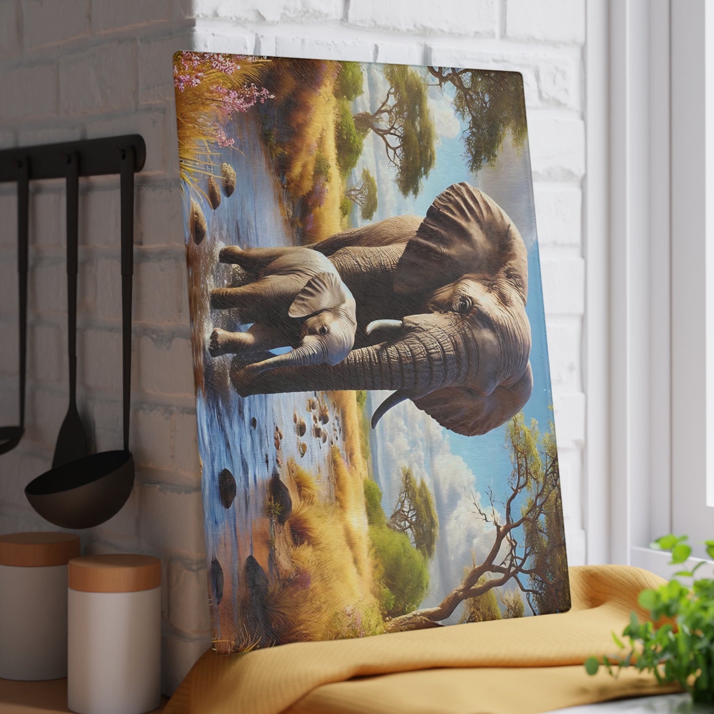 Mama Elephant and baby tempered glass cutting board