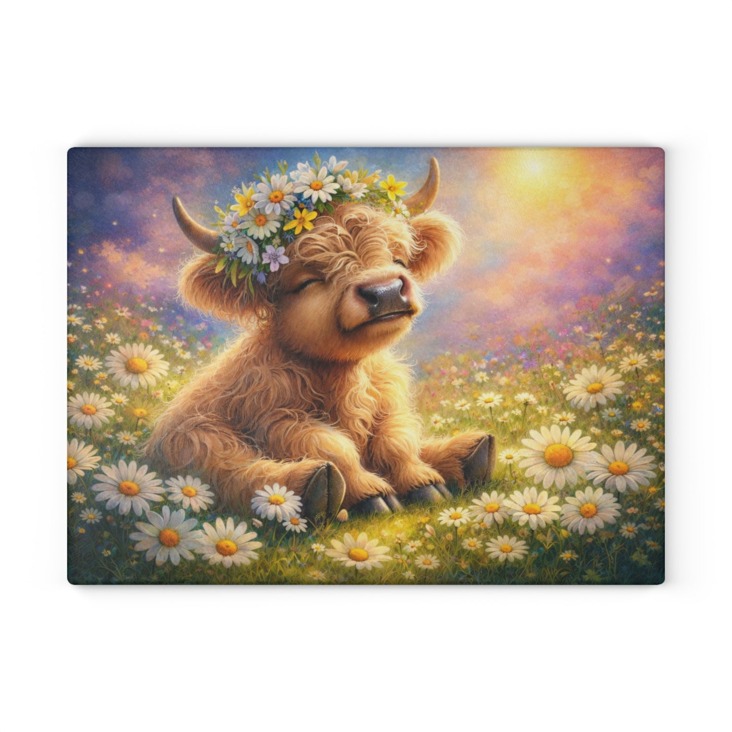 Highland Calf Daisy Meadow Glass Cutting Board – Spring Farmhouse Kitchen Decor with Floral Crown Cow Design