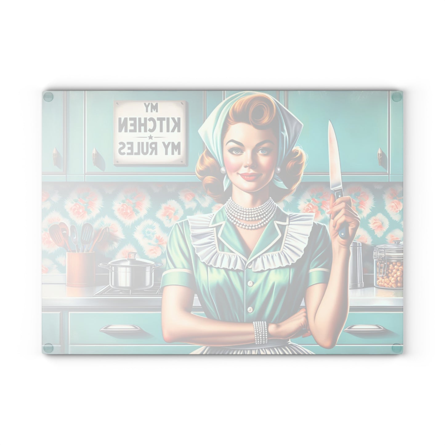 🍒✨ “Retro Kitchen Queen – My Kitchen, My Rules!” Glass Cutting Board – Sassy Vintage Charm
