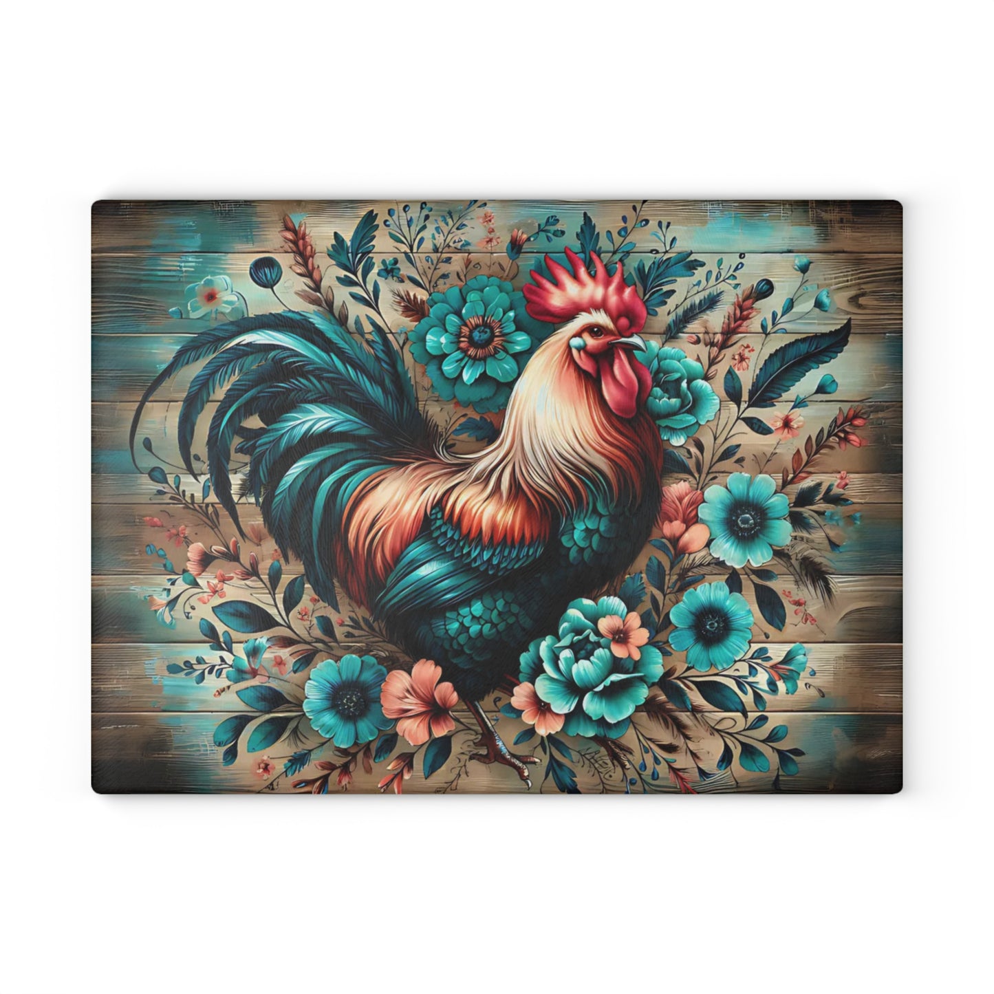 🐓 Rustic Rooster & Teal Floral Cutting Board – Farmhouse Country Kitchen Décor