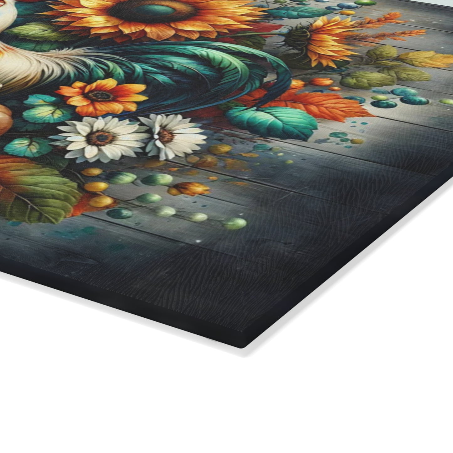 🐓🌻 “Harvest Rooster & Sunflowers” Glass Cutting Board – Cozy Autumn Charm for Your Kitchen