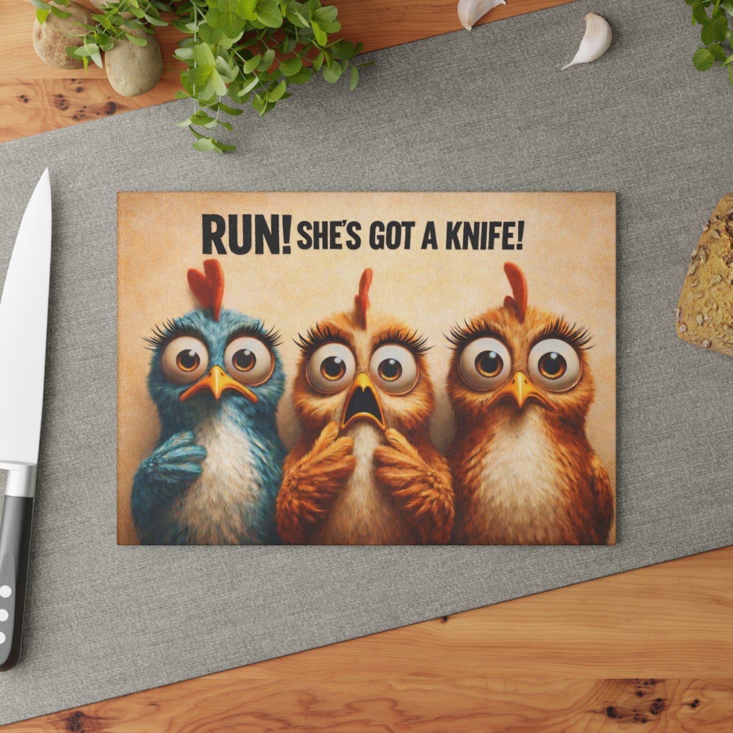 RUN! She’s Got a Knife Glass Cutting Board – Wide-Eyed Chicken Panic Farmhouse Artwork