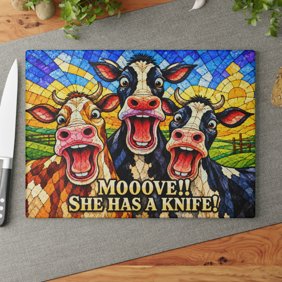 Mooove! She Has a Knife! Funny Cow Stained-Glass-Inspired Glass Cutting Board