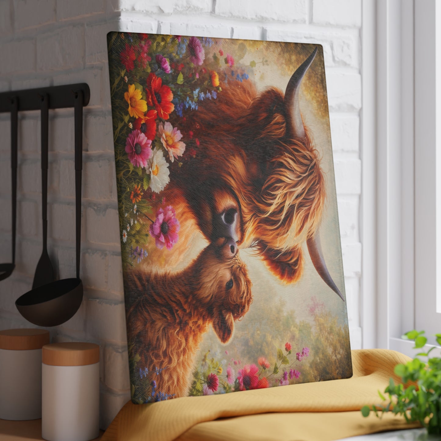 Highland Cow and Calf Floral Glass Kitchen Surface – Warm Farmhouse Style Artwork