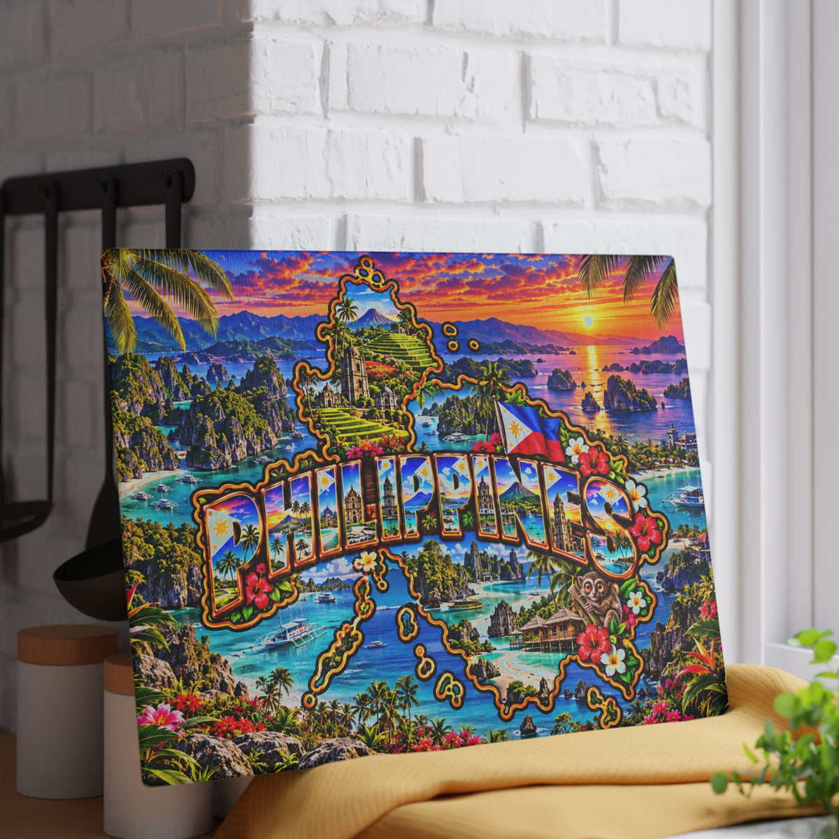 Philippines Glass Cutting Board – Tropical Island Map, Palawan Lagoons, Mayon Volcano, Philippine Flag & Sunset Kitchen Décor