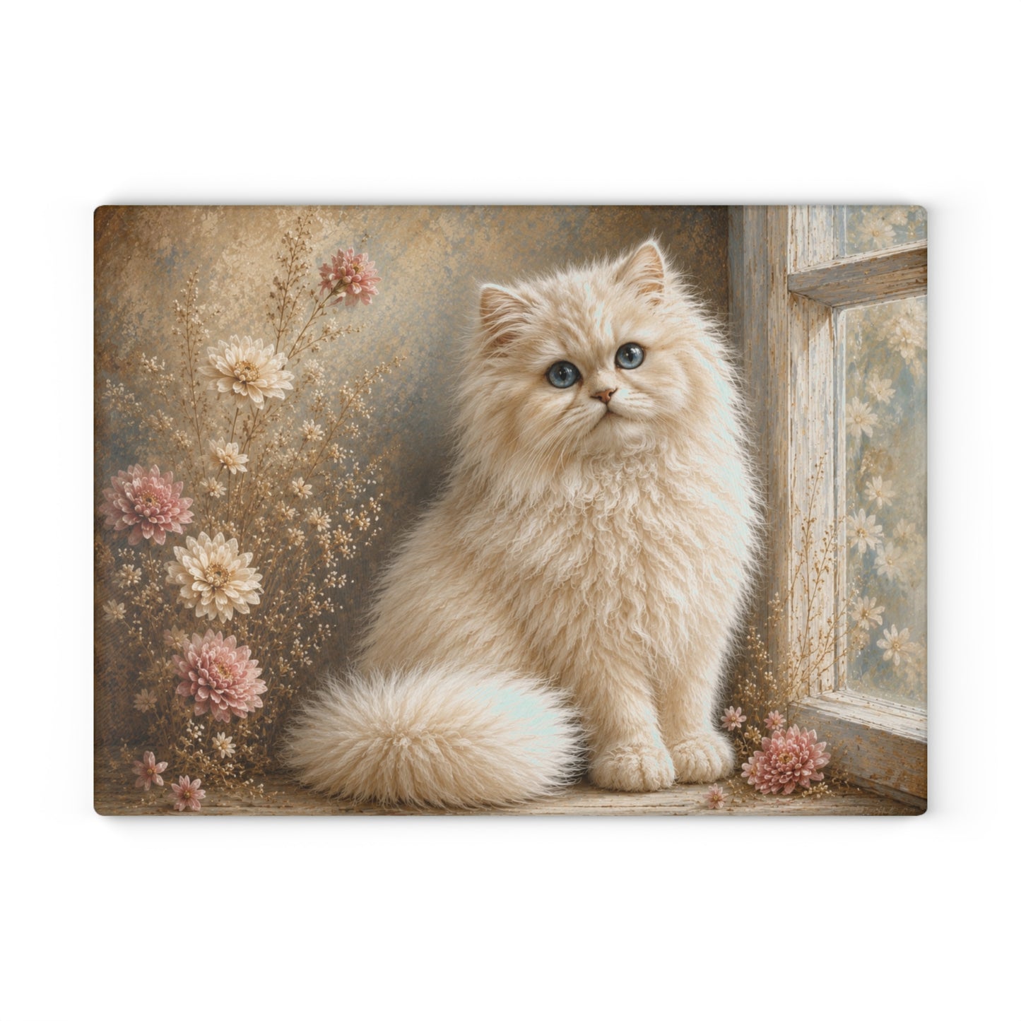 Fluffy White Cat Tempered Glass Cutting Board  Description
