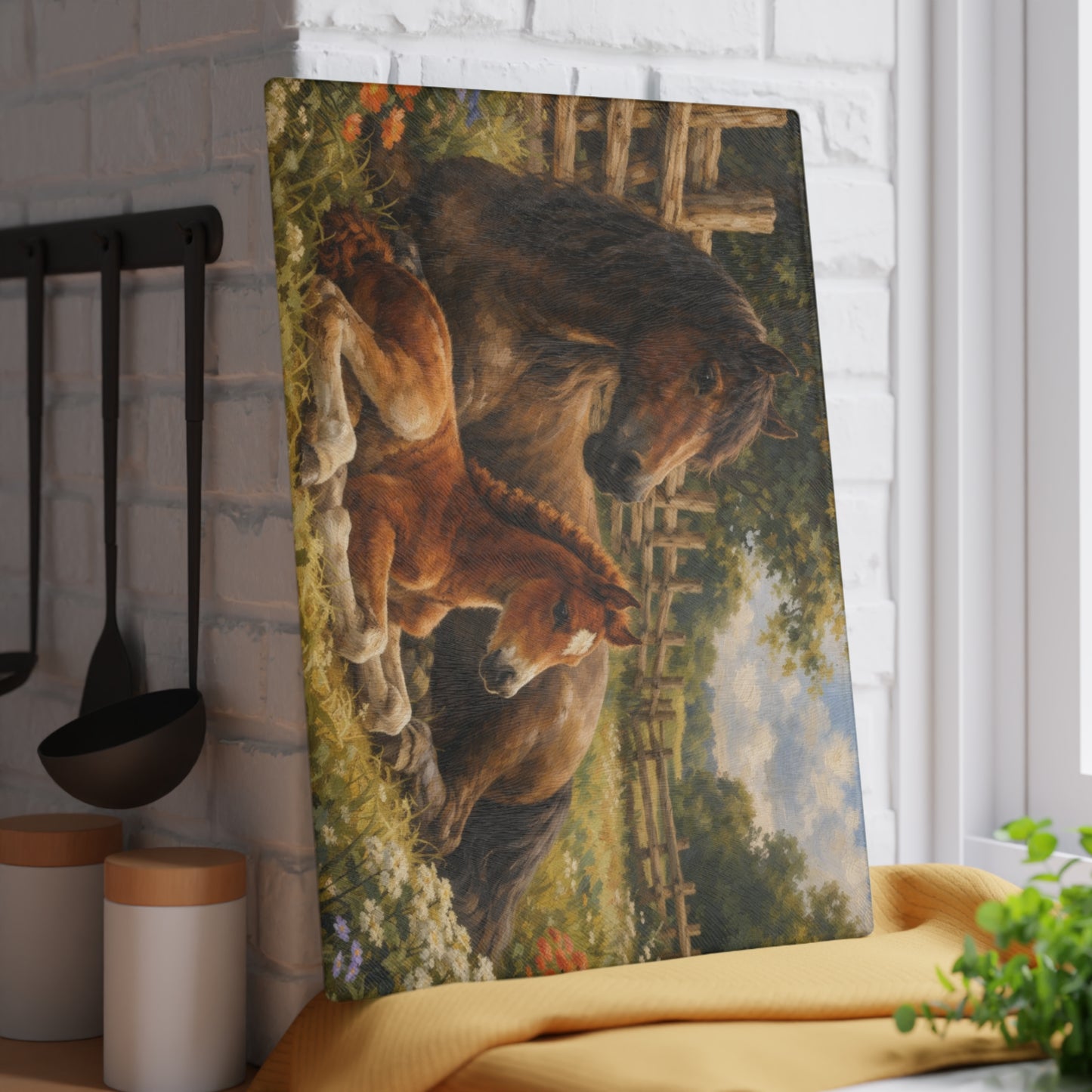 Mare and Foal Glass Cutting Board – Horse Lover Farmhouse Kitchen Decor