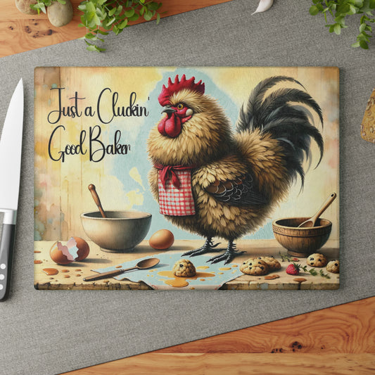 🐔🍪 “Just a Cluckin’ Good Baker” Glass Cutting Board – Cozy Laughs for Your Kitchen