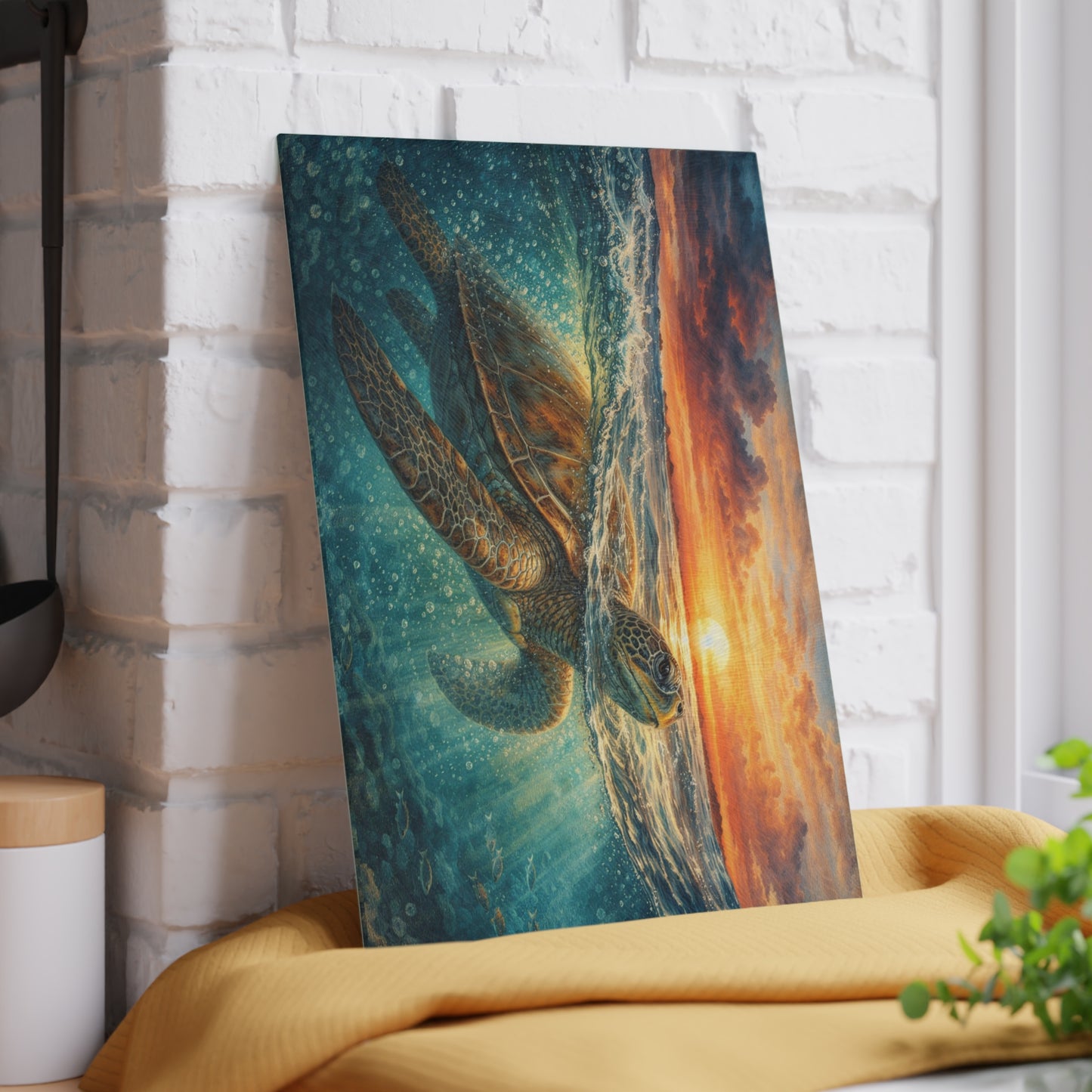 Sea Turtle Sunset Glass Cutting Board – Coastal Ocean Wildlife Kitchen Decor