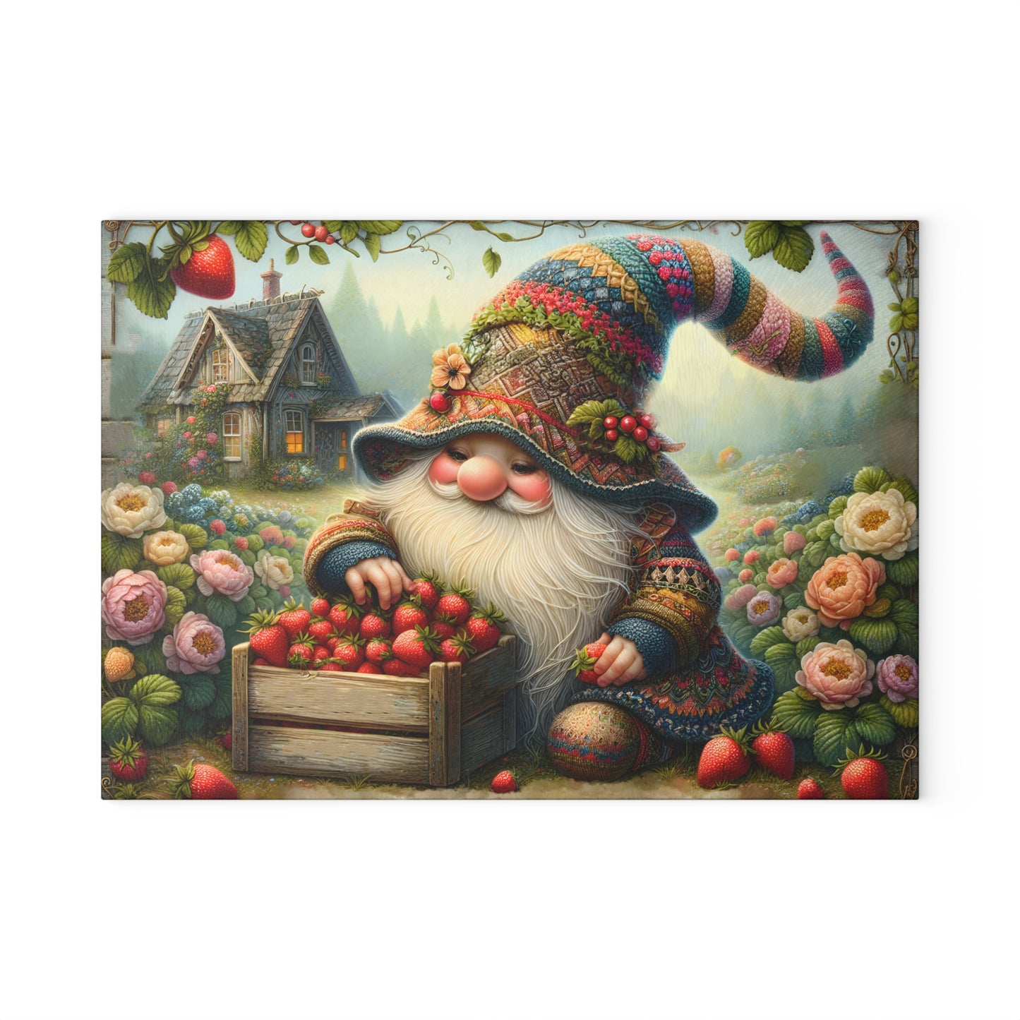 🍓🧙‍♂️ Strawberry Gnome Harvest Cutting Board – Whimsical Charm for Your Cottage Kitchen