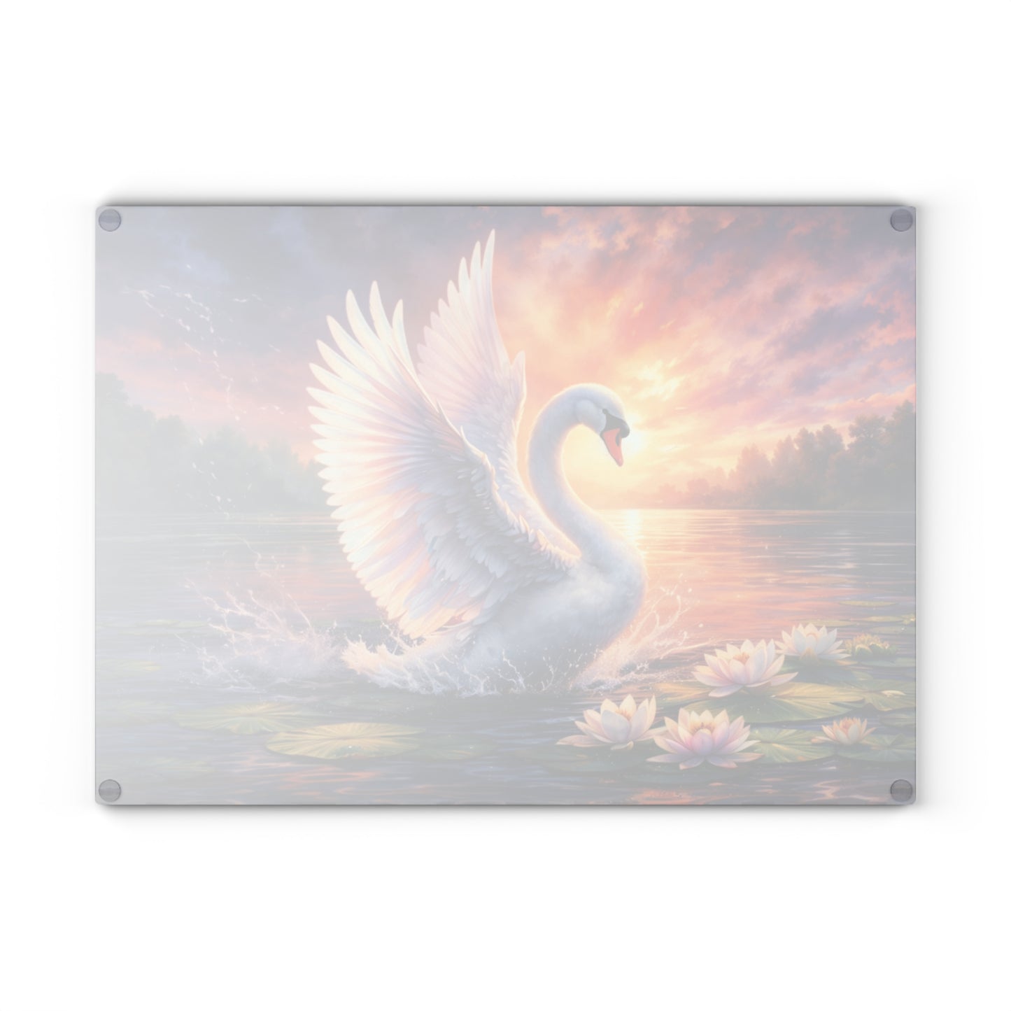 Graceful Swan Sunset Glass Cutting Board – Elegant Lake Nature Kitchen Art