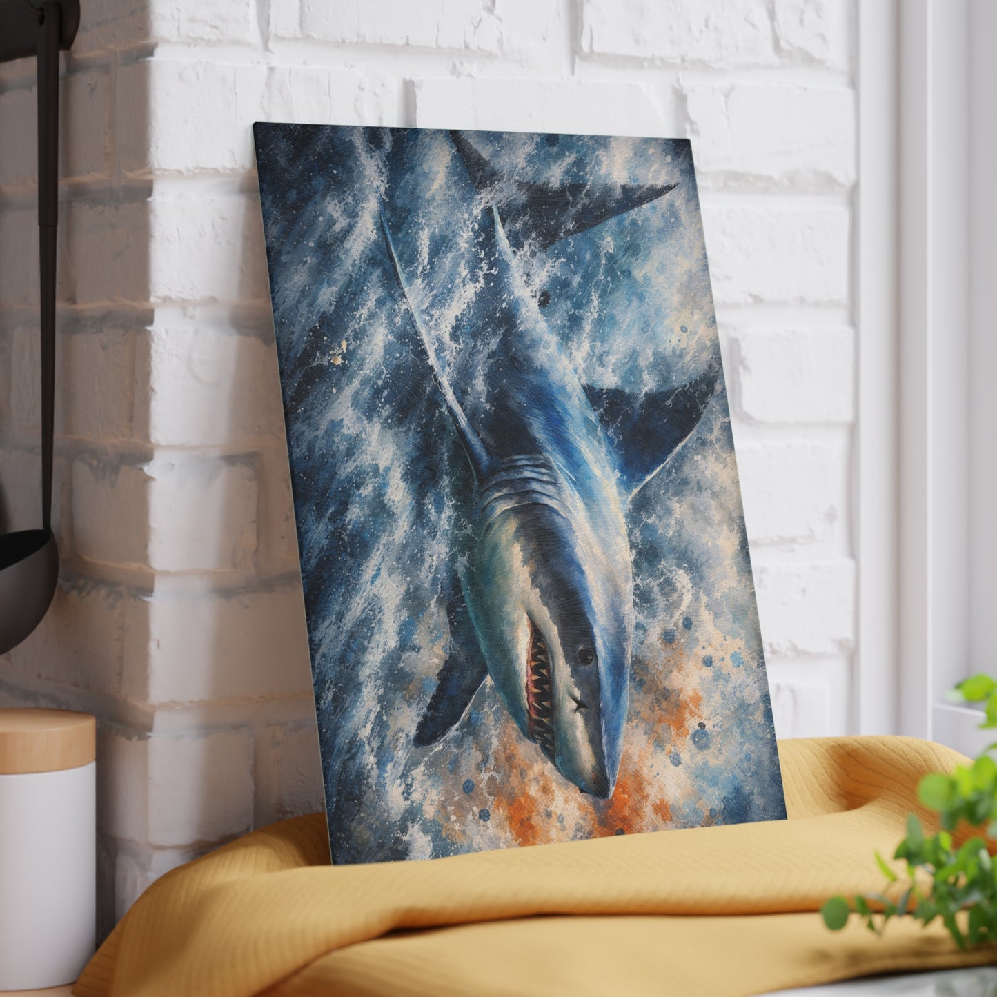 Power of the Tide Glass Cutting Board – Dynamic Great White Shark Artwork