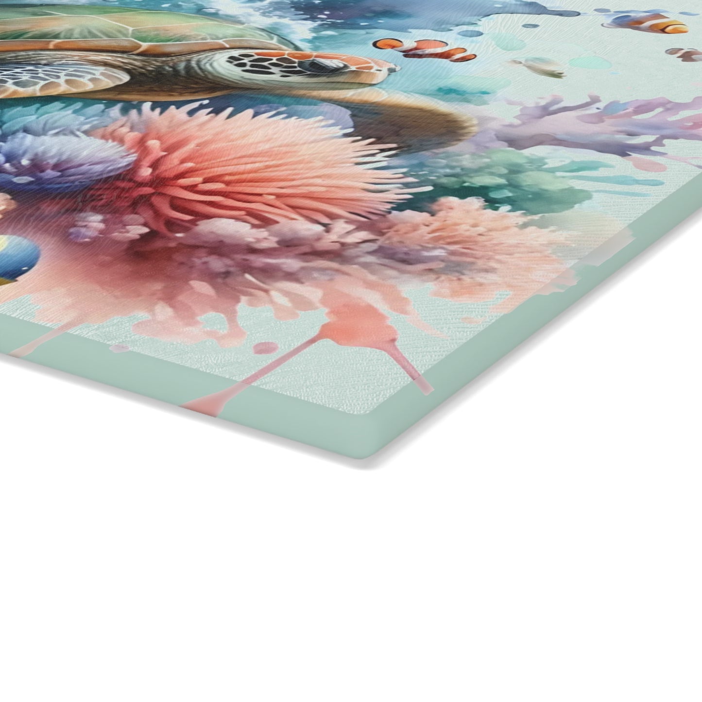 Pastel Coral Splash Sea Turtle Cutting Board – Tranquil Reef Elegance for Your Kitchen