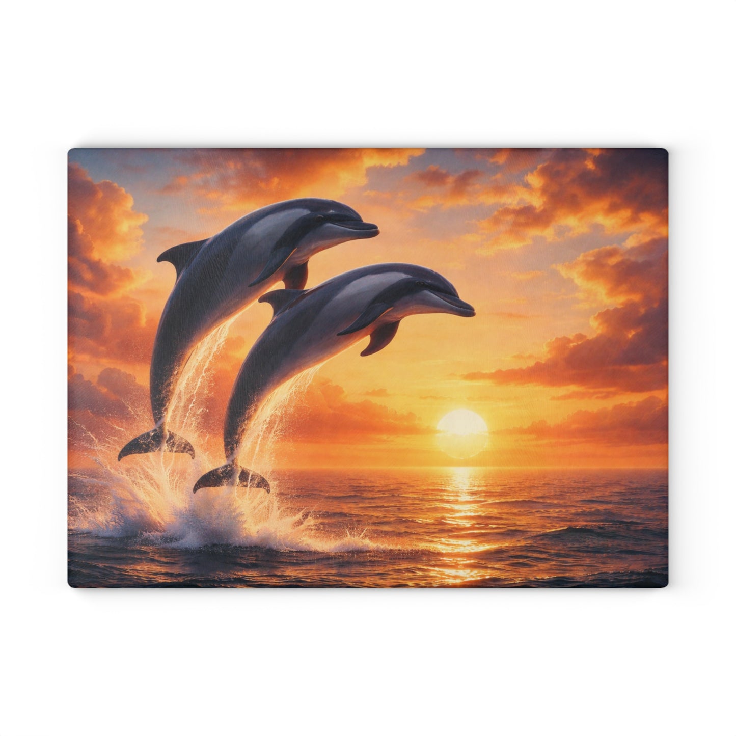 Dolphins at Sunset Glass Cutting Board – Peaceful Ocean Artwork with Golden Horizon
