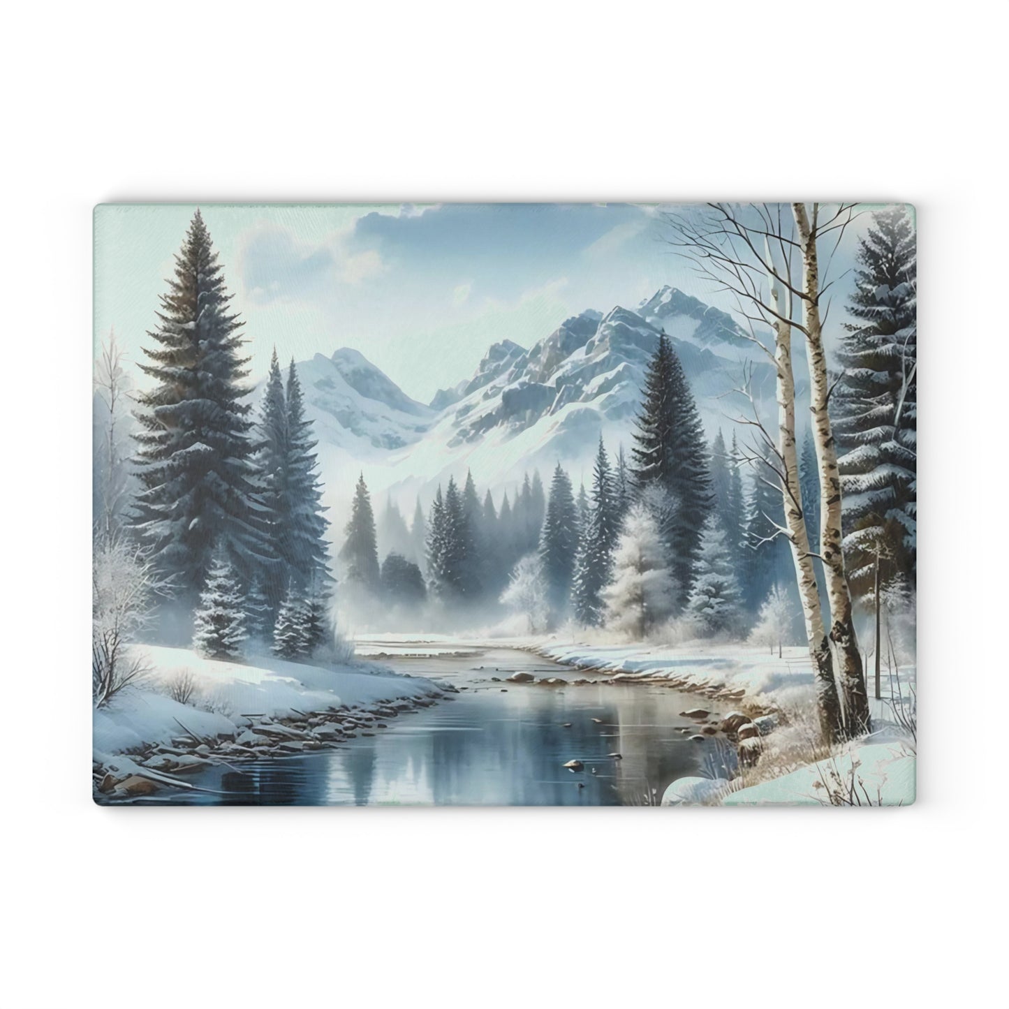 ❄️ Winter River Forest Cutting Board – Serene Snowy Escape for Your Kitchen 🏞️