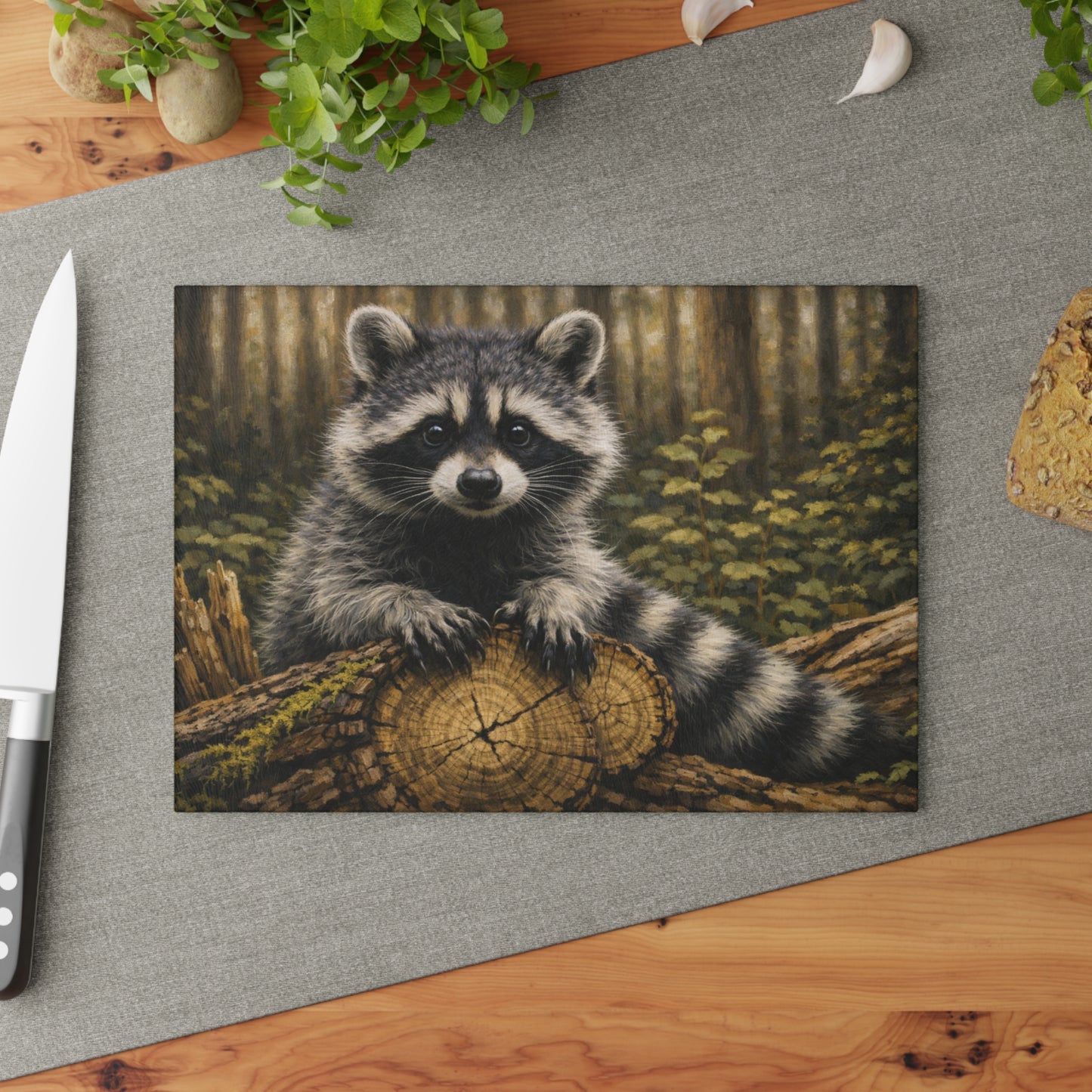 Raccoon Woodland Glass Cutting Board – Forest Wildlife Artwork
