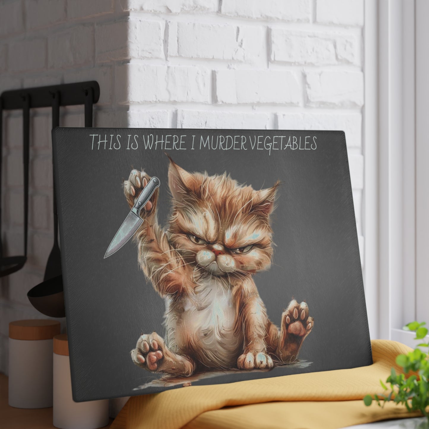 "This is Where I Murder Vegetables" – Funny Cat Glass Cutting Board