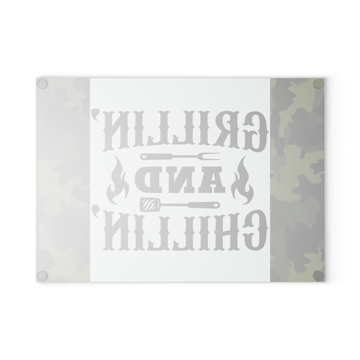 🔥 GRILLIN AND CHILLIN Glass Cutting Board – Camouflage BBQ Prep Style 🍔